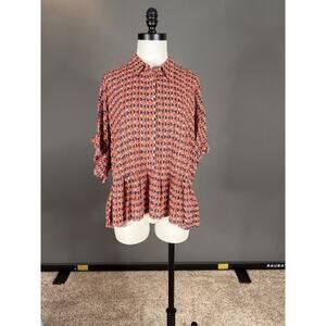 Anthropologie Maeve Button Down Geometric Oversized High Low Blouse Ruffled Sz M